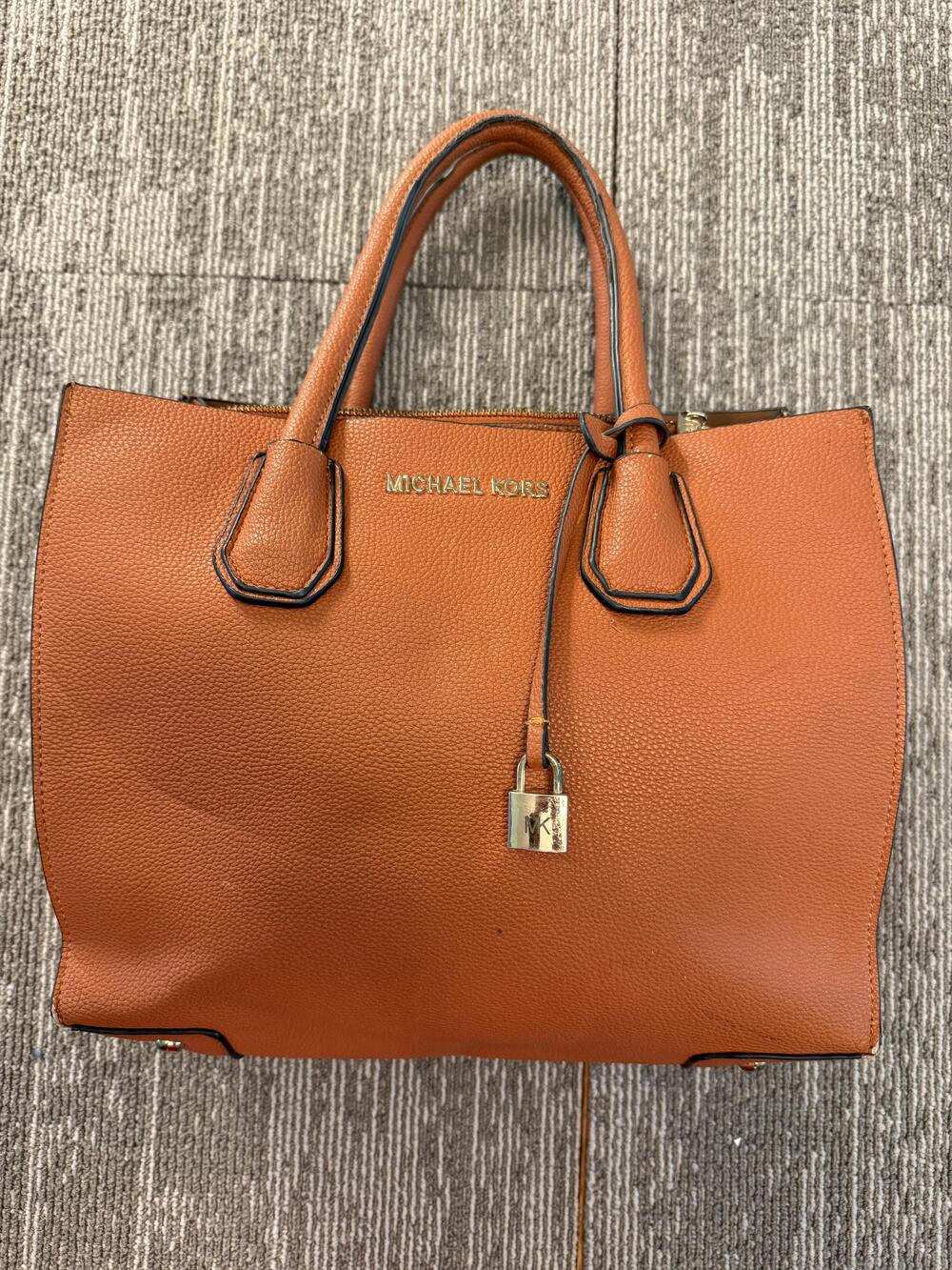 Michael Kors Mercer Pebbled Leather Tote Bag Womens Brown Top Handle MK Padlock